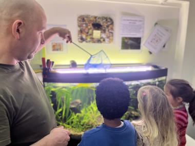 Børn og voksen ved akvarium